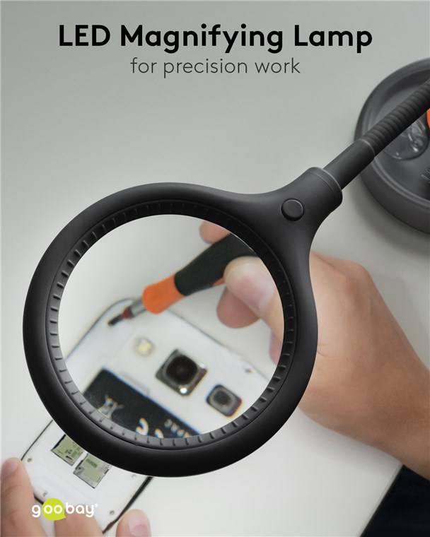 Goobay 64990 LED Lupenleuchte Standfuß & Tischklemme Ø 100mm Echtglas Linse 3 Dioptrien Lupe mit Licht Tischlupe Schwarz