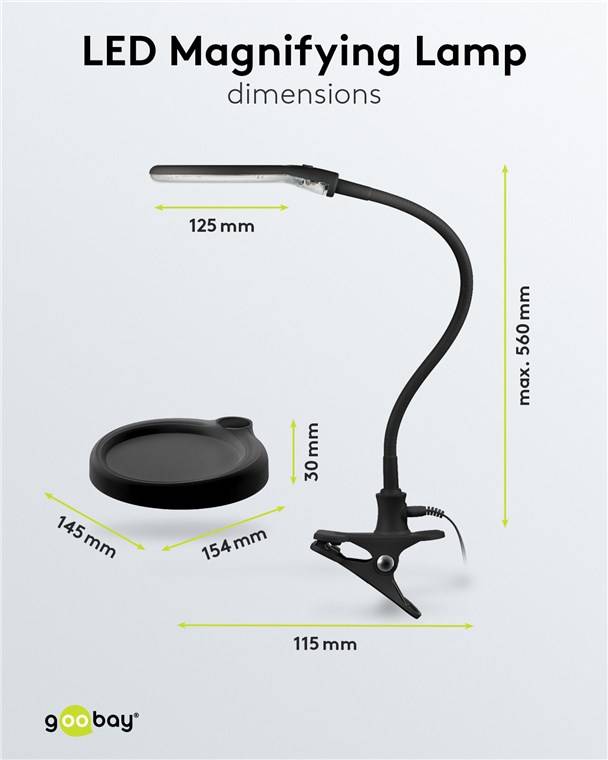 Goobay 64990 LED Lupenleuchte Standfuß & Tischklemme Ø 100mm Echtglas Linse 3 Dioptrien Lupe mit Licht Tischlupe Schwarz