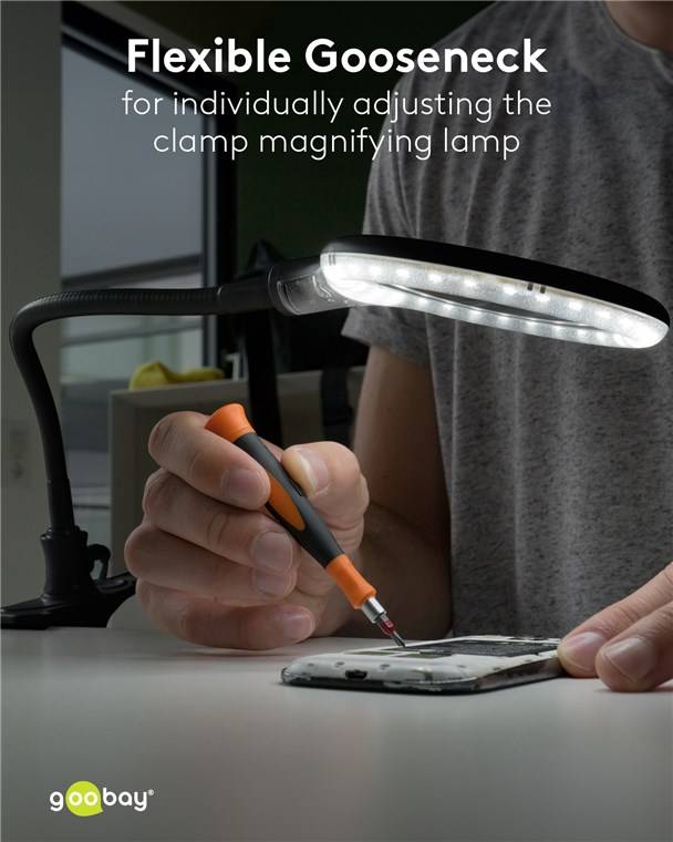 Goobay 64990 LED Lupenleuchte Standfuß & Tischklemme Ø 100mm Echtglas Linse 3 Dioptrien Lupe mit Licht Tischlupe Schwarz
