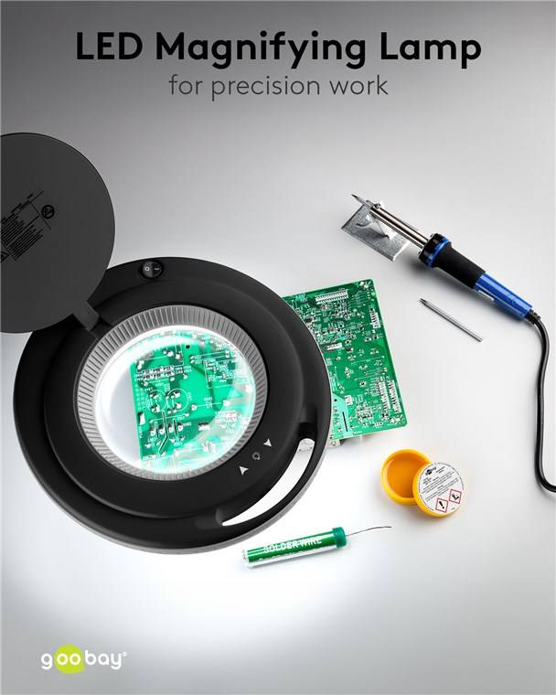 Goobay 64988 LED Lupenleuchte mit Tischklemme Ø 127mm Kristall Linse 3 Dioptrien Lupe Licht dimmbar Lupenlampe Schwarz