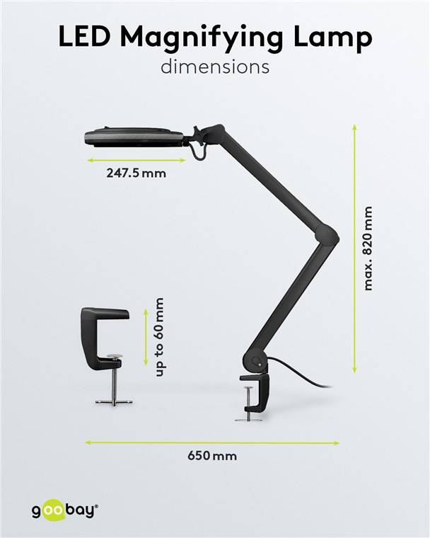 Goobay 64988 LED Lupenleuchte mit Tischklemme Ø 127mm Kristall Linse 3 Dioptrien Lupe Licht dimmbar Lupenlampe Schwarz