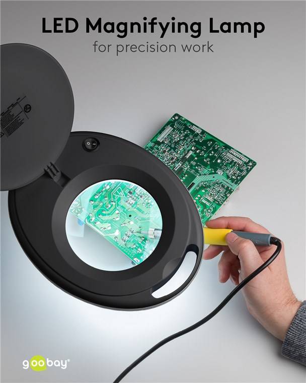 Goobay 64989 LED Lupenleuchte Tischklemme Ø 127mm Echtglas Linse 3 Dioptrien Lupe mit Licht Lupenlampe Tischlupe Schwarz
