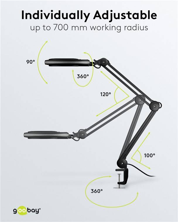 Goobay 64989 LED Lupenleuchte Tischklemme Ø 127mm Echtglas Linse 3 Dioptrien Lupe mit Licht Lupenlampe Tischlupe Schwarz