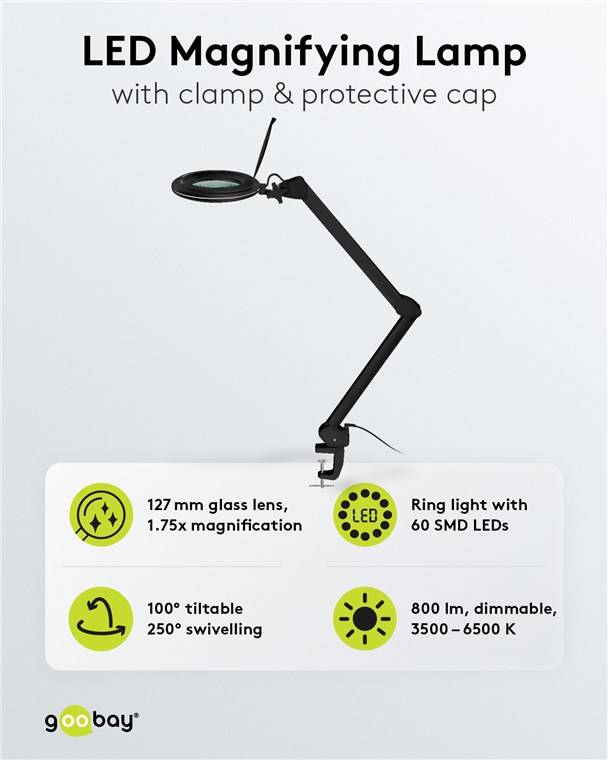 Goobay 64986 LED Lupenleuchte mit Tischklemme Ø 127mm Echtglas Linse 3 Dioptrien Lupe Licht dimmbar Lupenlampe / Schwarz