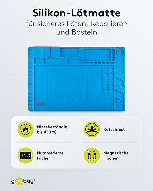 Goobay 61670 Magnet Silikon Lötmatte Arbeitsunterlage / Rutschfeste Hitbeständige Arbeitsmatte zum Löten / Blau