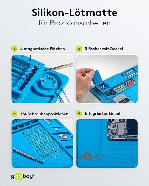 Goobay 61670 Magnet Silikon Lötmatte Arbeitsunterlage / Rutschfeste Hitbeständige Arbeitsmatte zum Löten / Blau