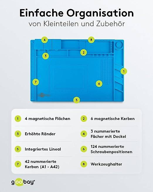 Goobay 61670 Magnet Silikon Lötmatte Arbeitsunterlage / Rutschfeste Hitbeständige Arbeitsmatte zum Löten / Blau
