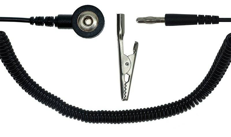 ESD-Spiralkabel, 1 MOhm, schwarz, 2,4 m, 3 mm Druckknopf, Bananenstecker, Krokodilklemme