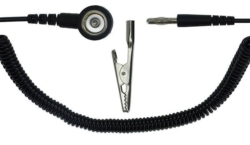 ESD-Spiralkabel, 1 MOhm, schwarz, 1,8 m, 10 mm Druckknopf, Bananenstecker