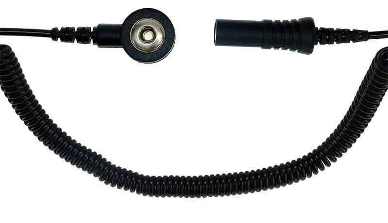 ESD-Spiralkabel, 1 MOhm, schwarz, 1,8 m, 3 mm Druckknopf, Bananenstecker Buchse