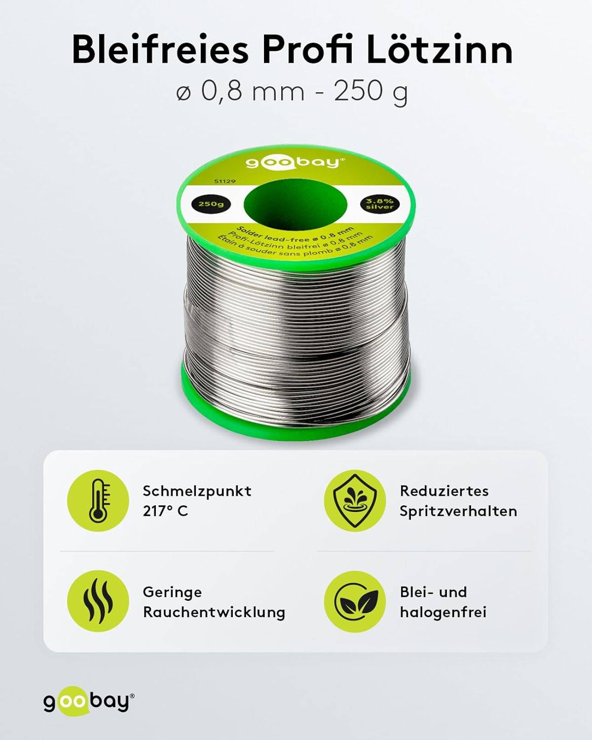 Goobay 51121 Lötzinn bleifrei ø 1 mm Lötdraht Flussmittel / 3,5 % Silber / 217 °C Schmelzpunkt bleifreies Löten 12,5 g