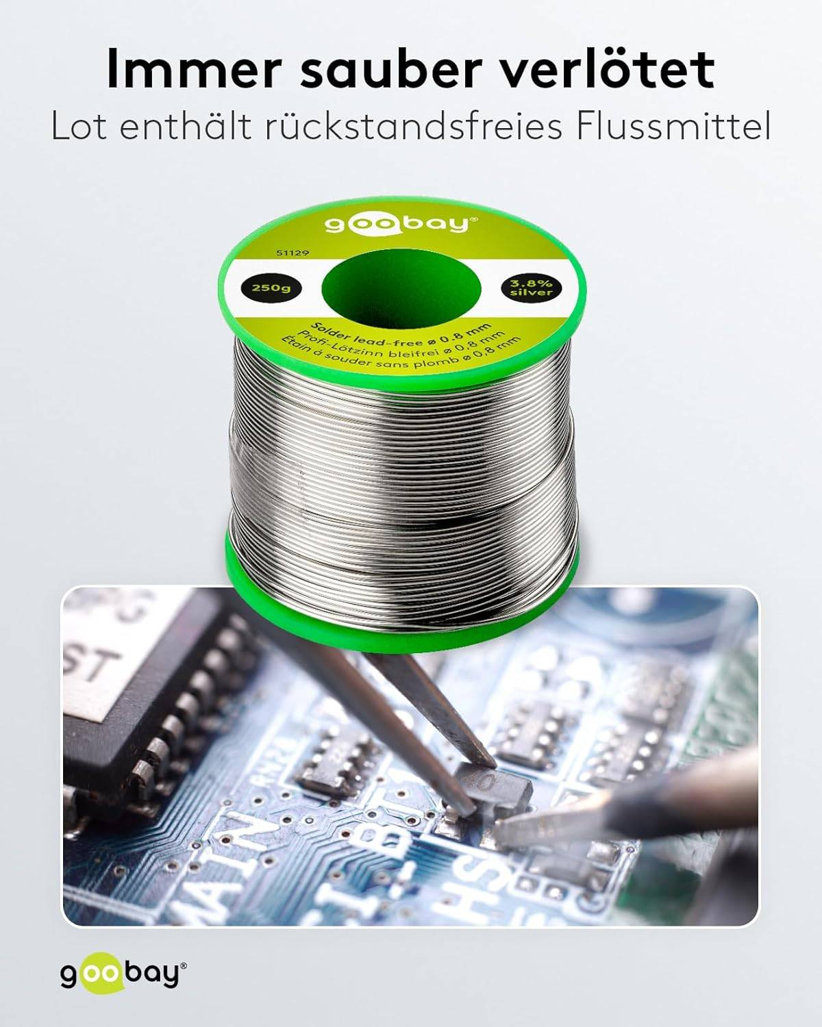 Goobay 51121 Lötzinn bleifrei ø 1 mm Lötdraht Flussmittel / 3,5 % Silber / 217 °C Schmelzpunkt bleifreies Löten 12,5 g