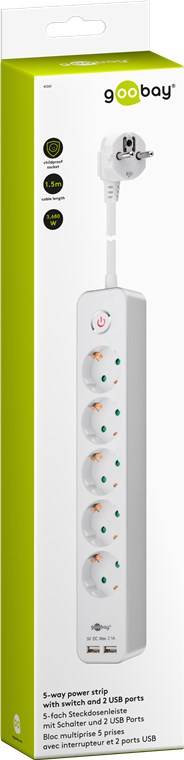 Goobay 41265 Steckdosenleiste mit USB-A Buchse & Schalter / 5-fach Steckdose / Mehrfachsteckdose / 1,5 m Kabel / Weiß