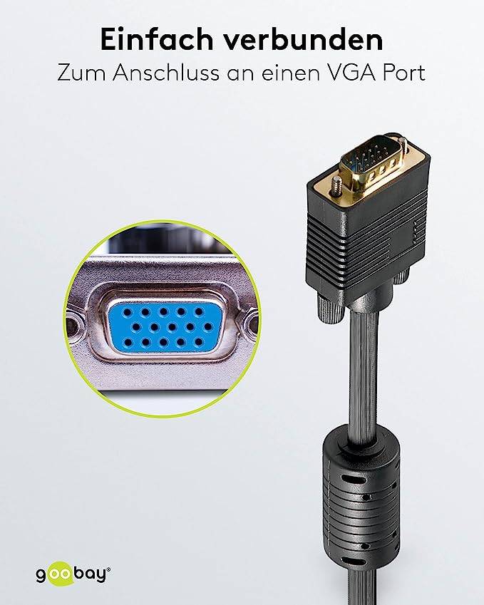 Goobay 68140 VGA auf VGA Kabel / Monitorkabel Full HD / VGA 15 polig / 2x Ferritkerne / Bildschirmkabel / Schwarz / 20m