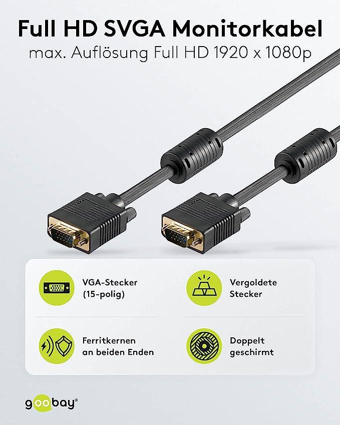 Goobay 50491 VGA auf VGA Kabel / Monitorkabel Full HD / VGA 15 polig / 2x Ferritkerne / Bildschirmkabel / Schwarz / 10m