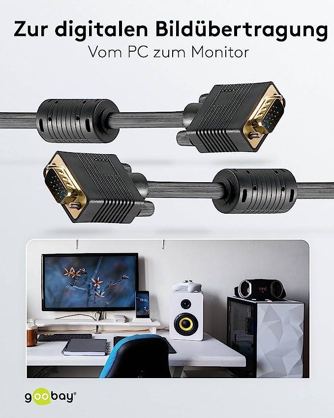 Goobay 50491 VGA auf VGA Kabel / Monitorkabel Full HD / VGA 15 polig / 2x Ferritkerne / Bildschirmkabel / Schwarz / 10m