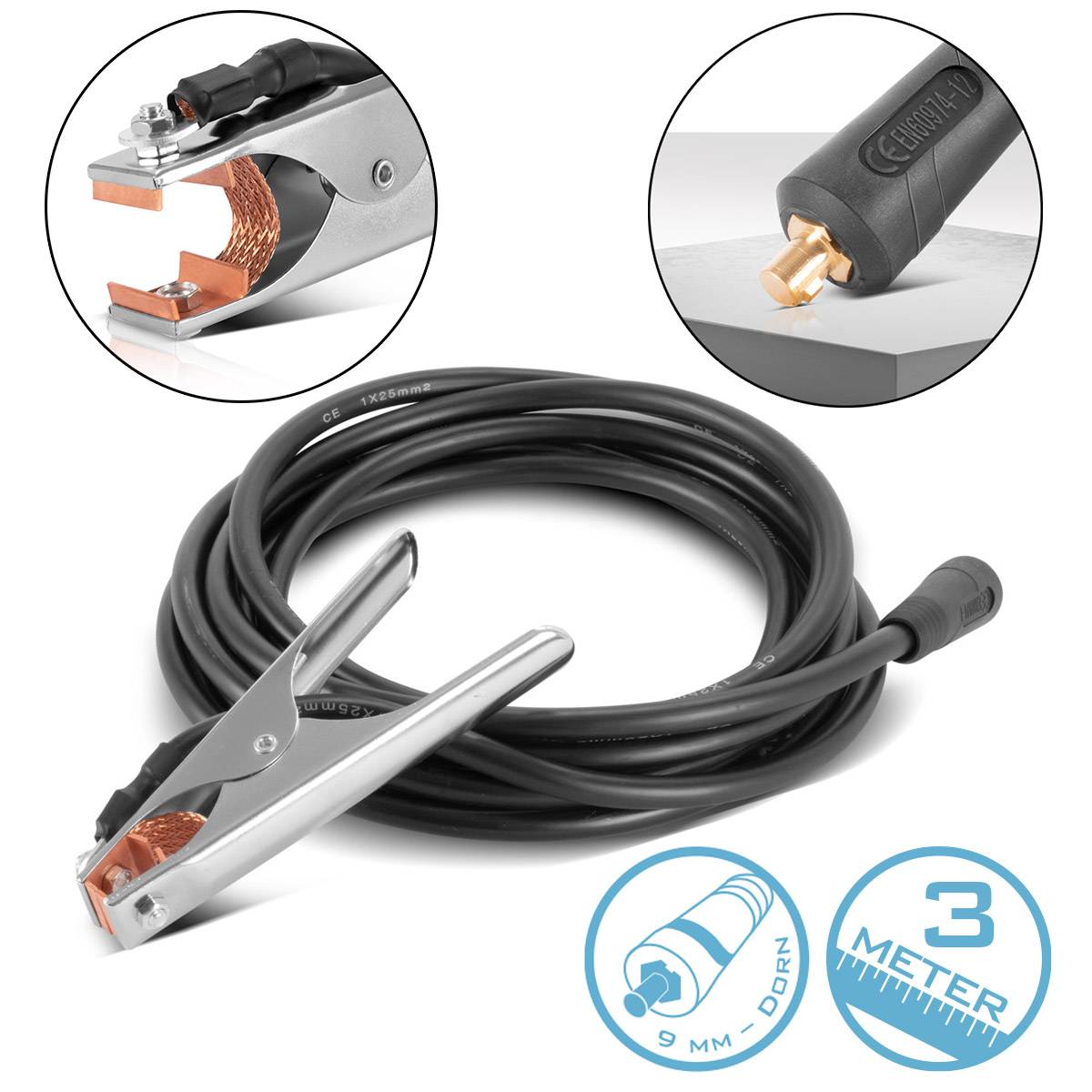 STAHLWERK Massezange 300 A Masseklemme 3 m Schweißkabel mit 25 mm² 9 mm Stecker
