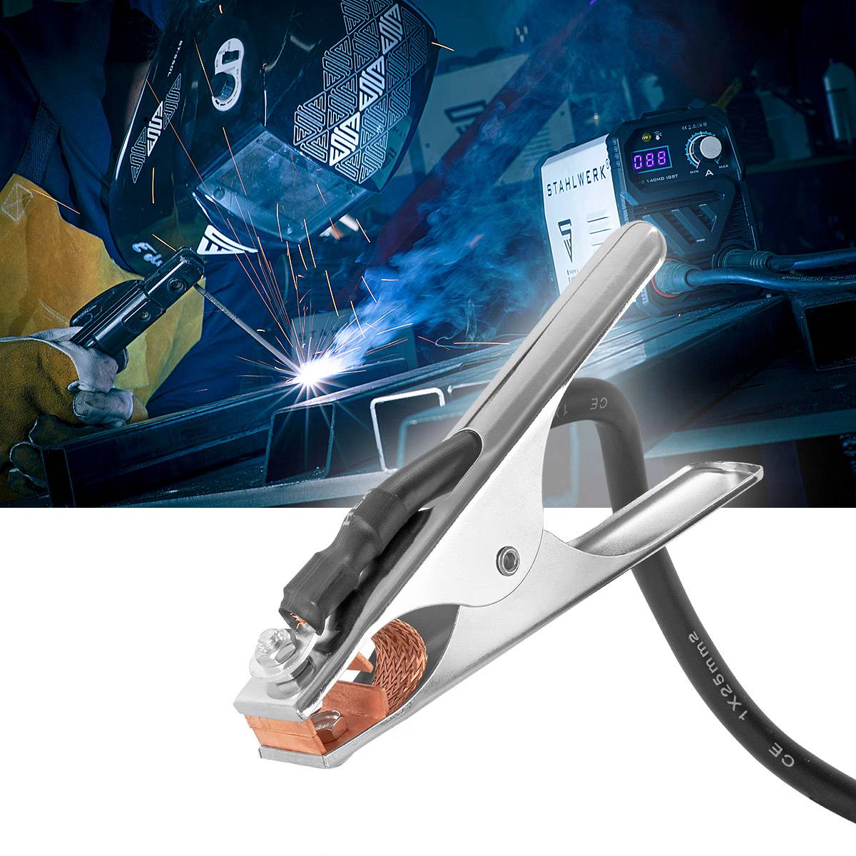 STAHLWERK Massezange 300 A Masseklemme 5 m Schweißkabel mit 25 mm² 9 mm Stecker