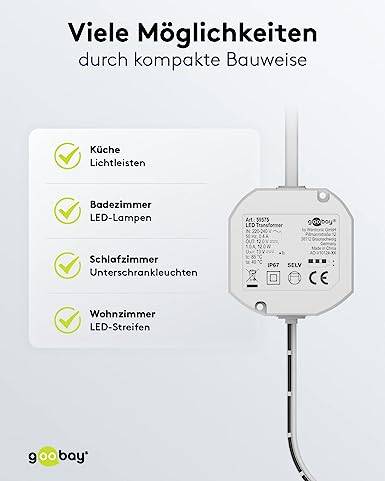 Goobay 59575 LED Trafo 230V auf 12V Gleichspannung (DC) / 12W LED Beleuchtung / IP67 Außen LED Treiber / Transformator