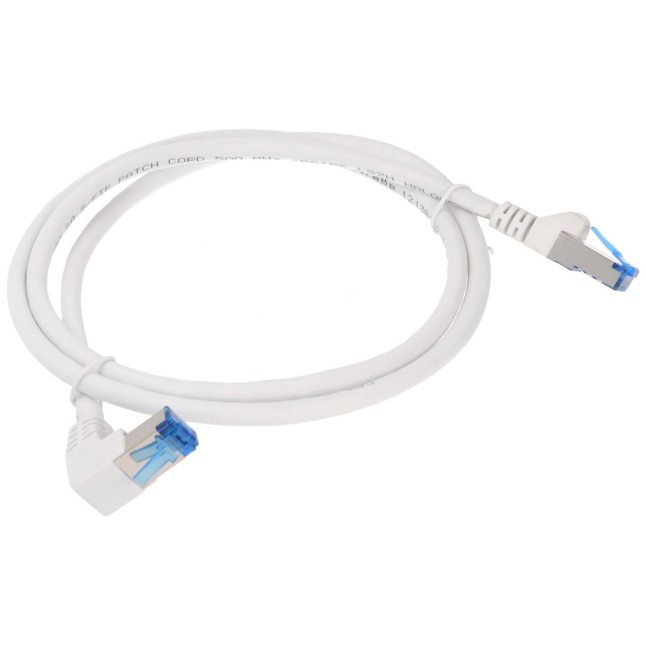 Goobay 51564 CAT 6A Netzwerkkabel SFTP / RJ45 Stecker 90 Grad gewinkelt / Kupfer Ethernet Kabel halogenfrei / Weiß / 1m