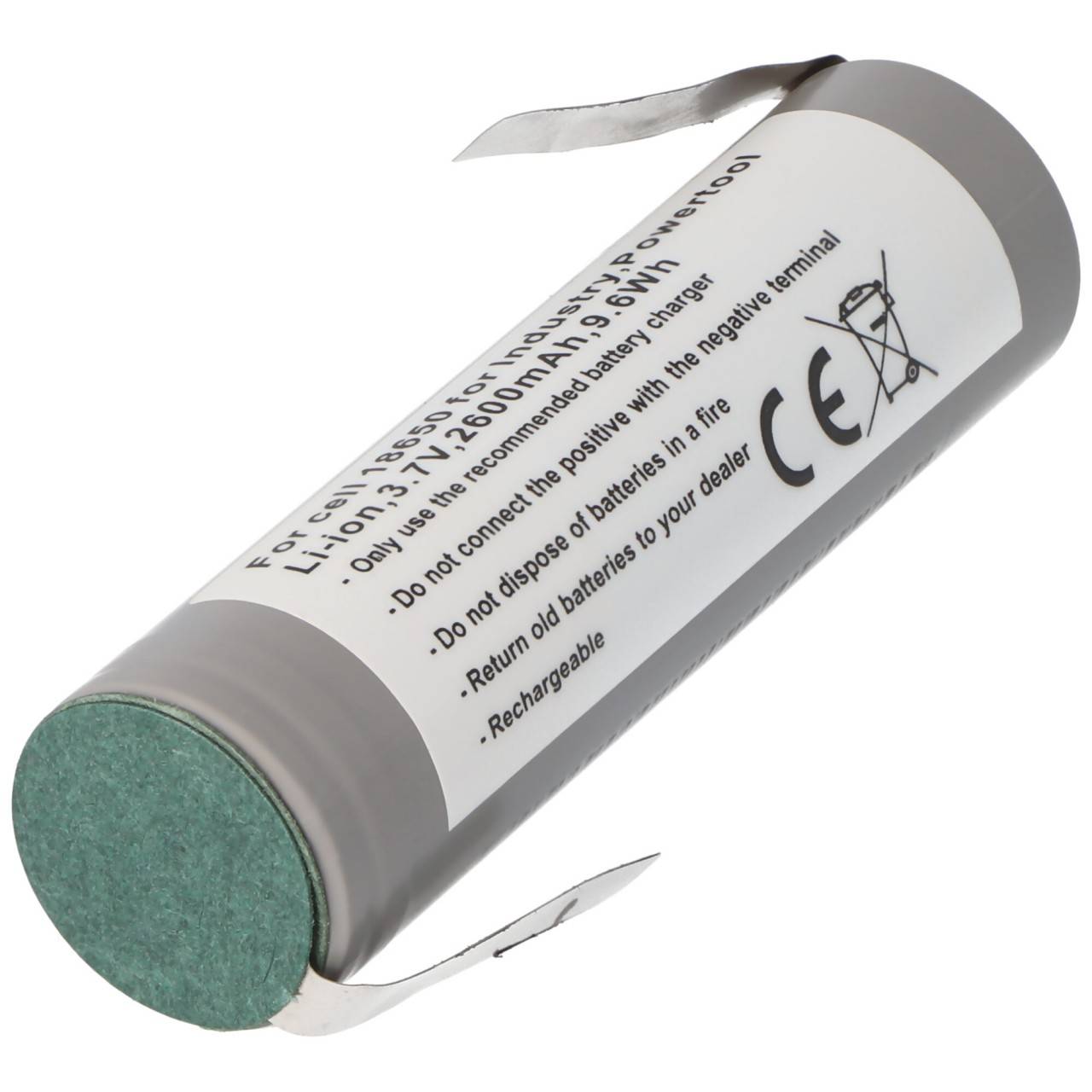 Akku 18650 für Industrie, Powertool, Li-ion, 3,7V, 2600mAh, 9,6Wh mit Lötfahne in Z-Form