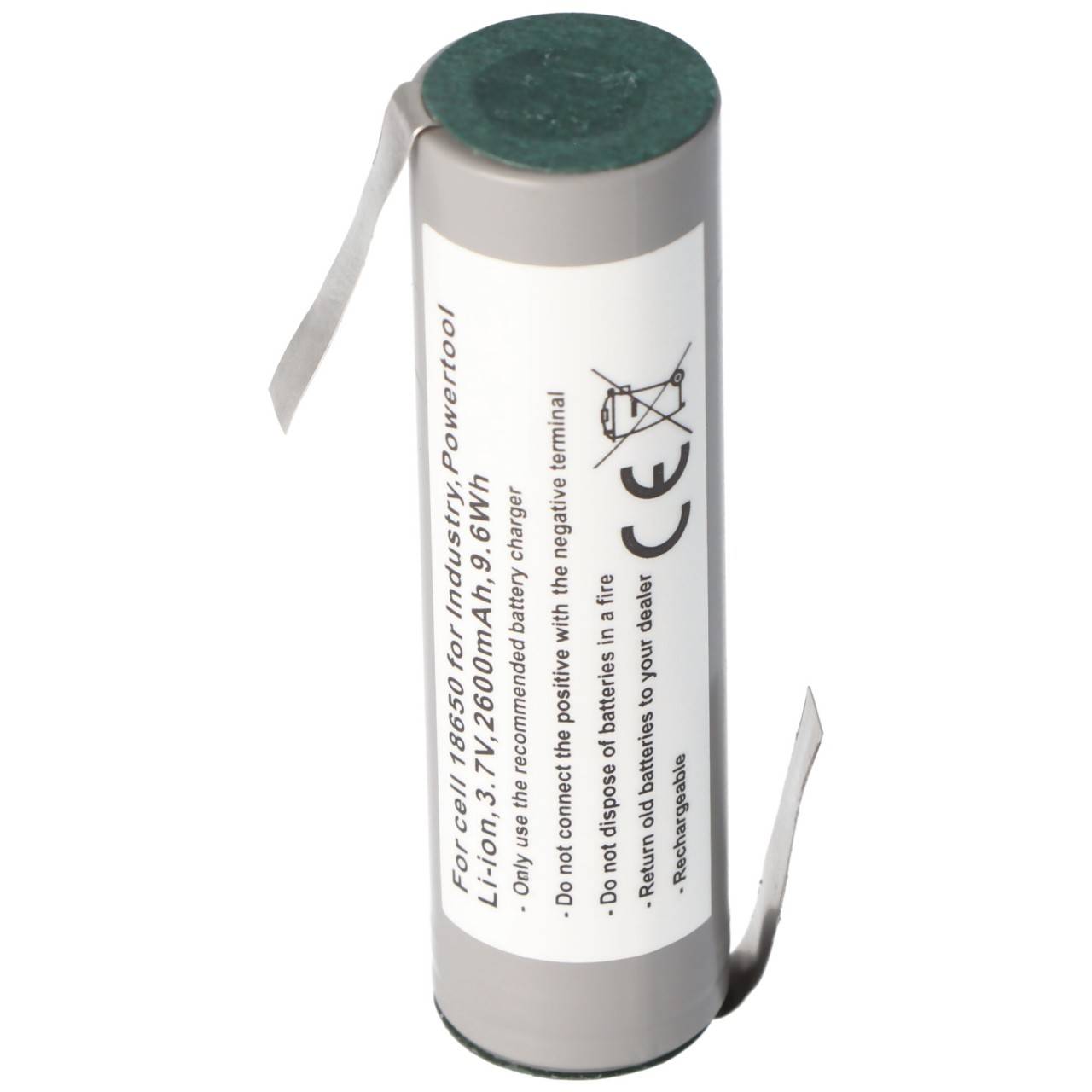 Akku 18650 für Industrie, Powertool, Li-ion, 3,7V, 2600mAh, 9,6Wh mit Lötfahne in Z-Form