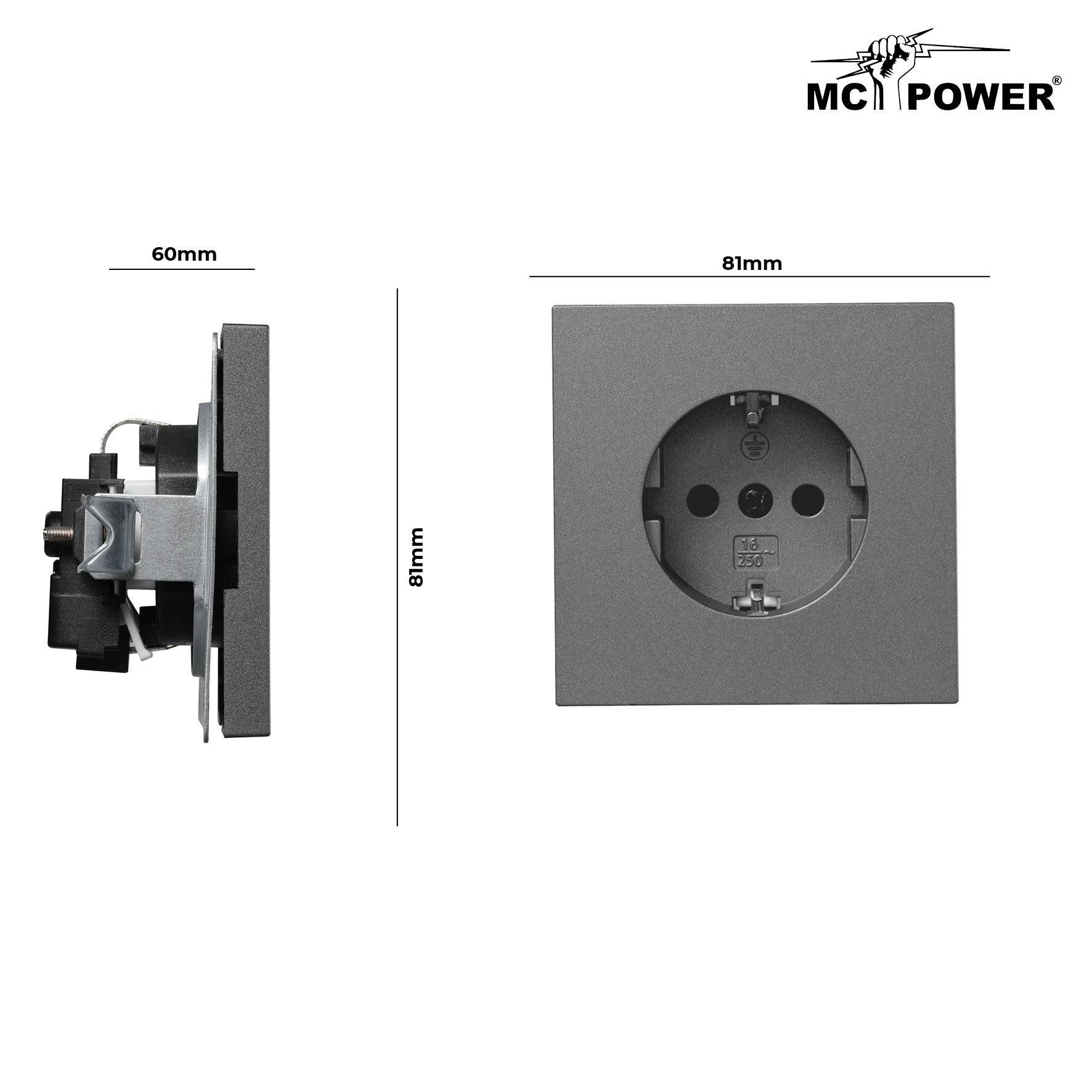 Schutzkontakt-Steckdose McPower "Shallow" 250V~/16A, Steckanschluss, anthrazit