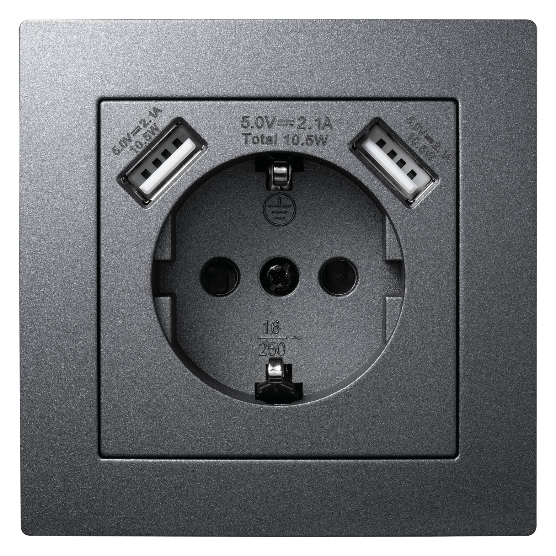 Schutzkontakt-Steckdose mit 2x USB McPower "Flair", 250V, 5V/2,1A, UP, anthrazit