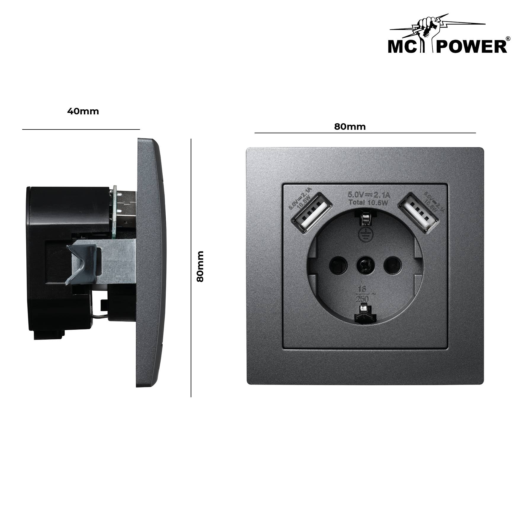 Schutzkontakt-Steckdose mit 2x USB McPower "Flair", 250V, 5V/2,1A, UP, anthrazit