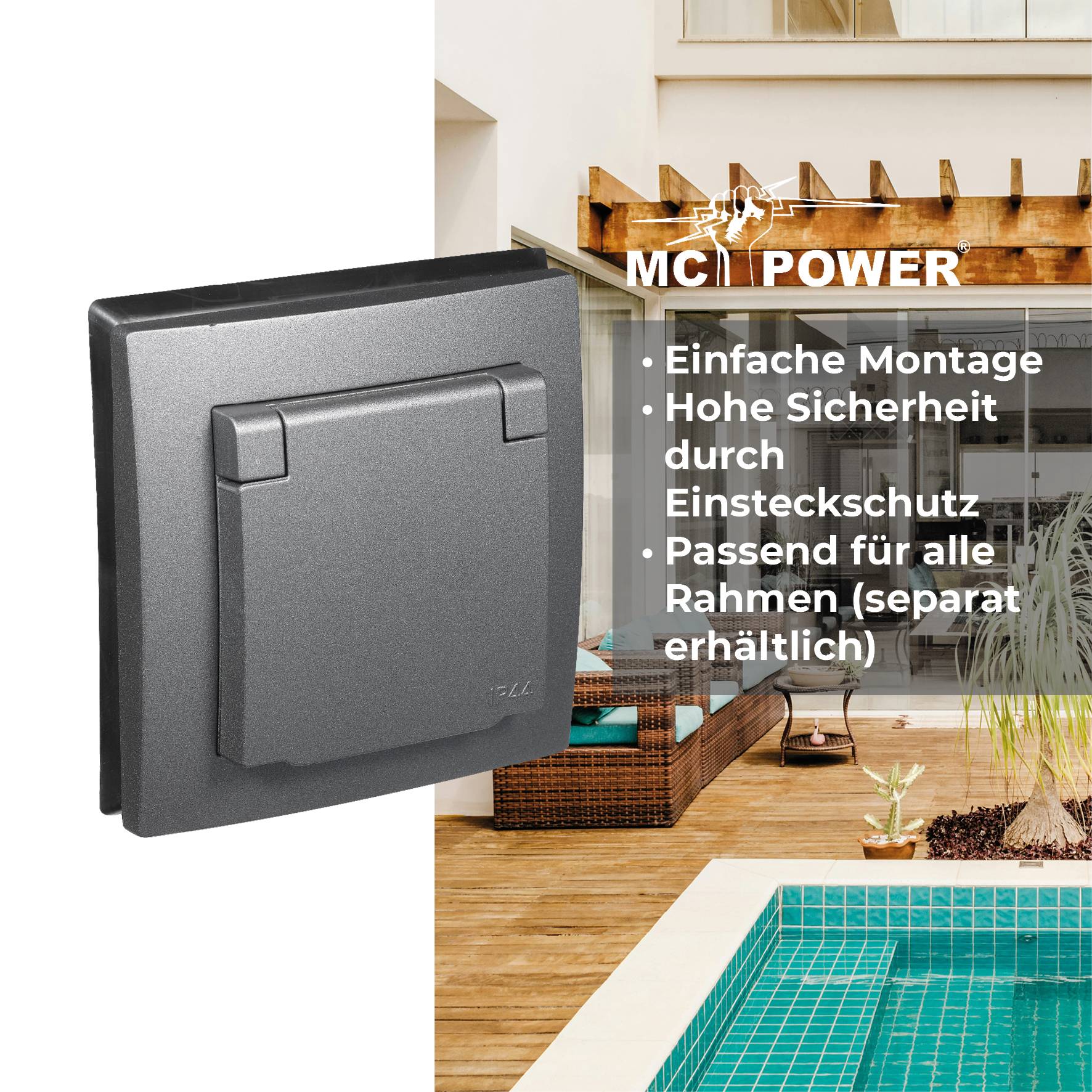 Schutzkontakt-Steckdose McPower "Flair", 250V~/16A, UP, IP44, anthrazit