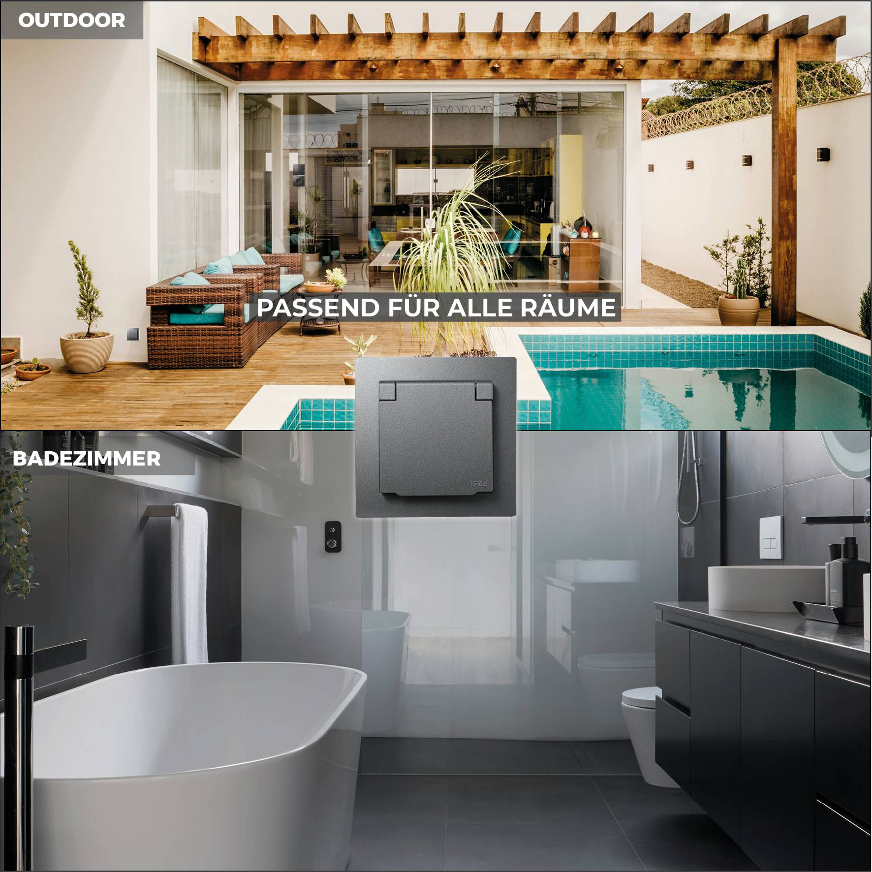 Schutzkontakt-Steckdose McPower "Flair", 250V~/16A, UP, IP44, anthrazit