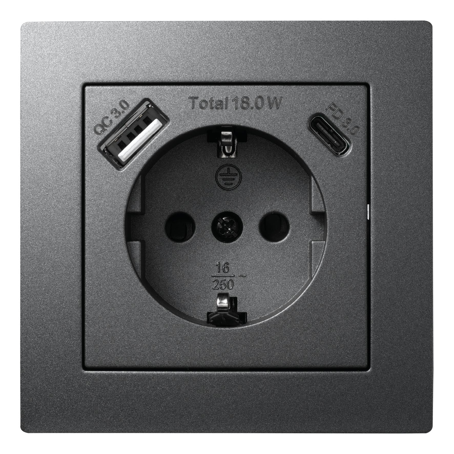 Schutzkontakt-Steckdose McPower "Flair" 1x USB-C 18W PD, 1x USB-A, anthrazit