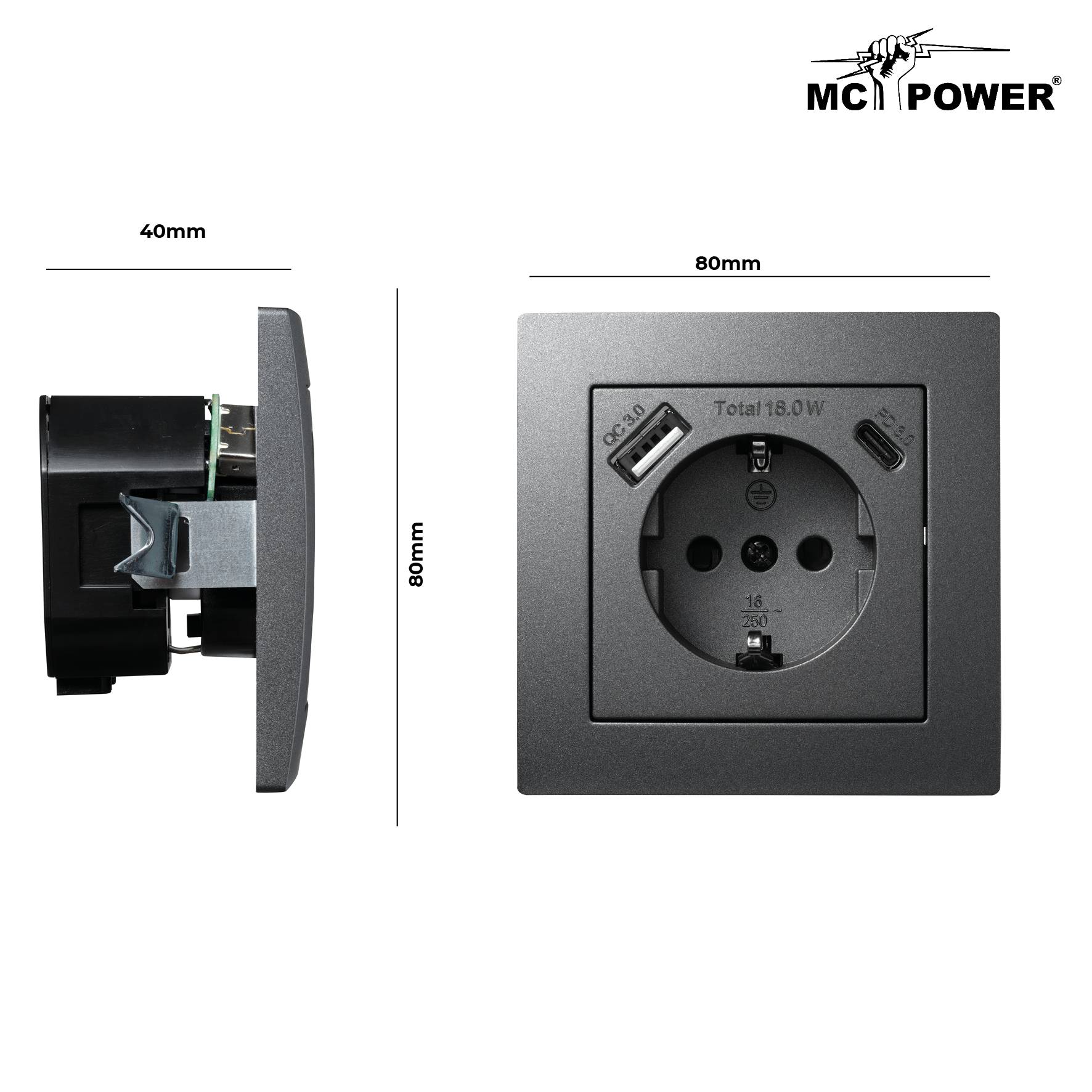 Schutzkontakt-Steckdose McPower "Flair" 1x USB-C 18W PD, 1x USB-A, anthrazit