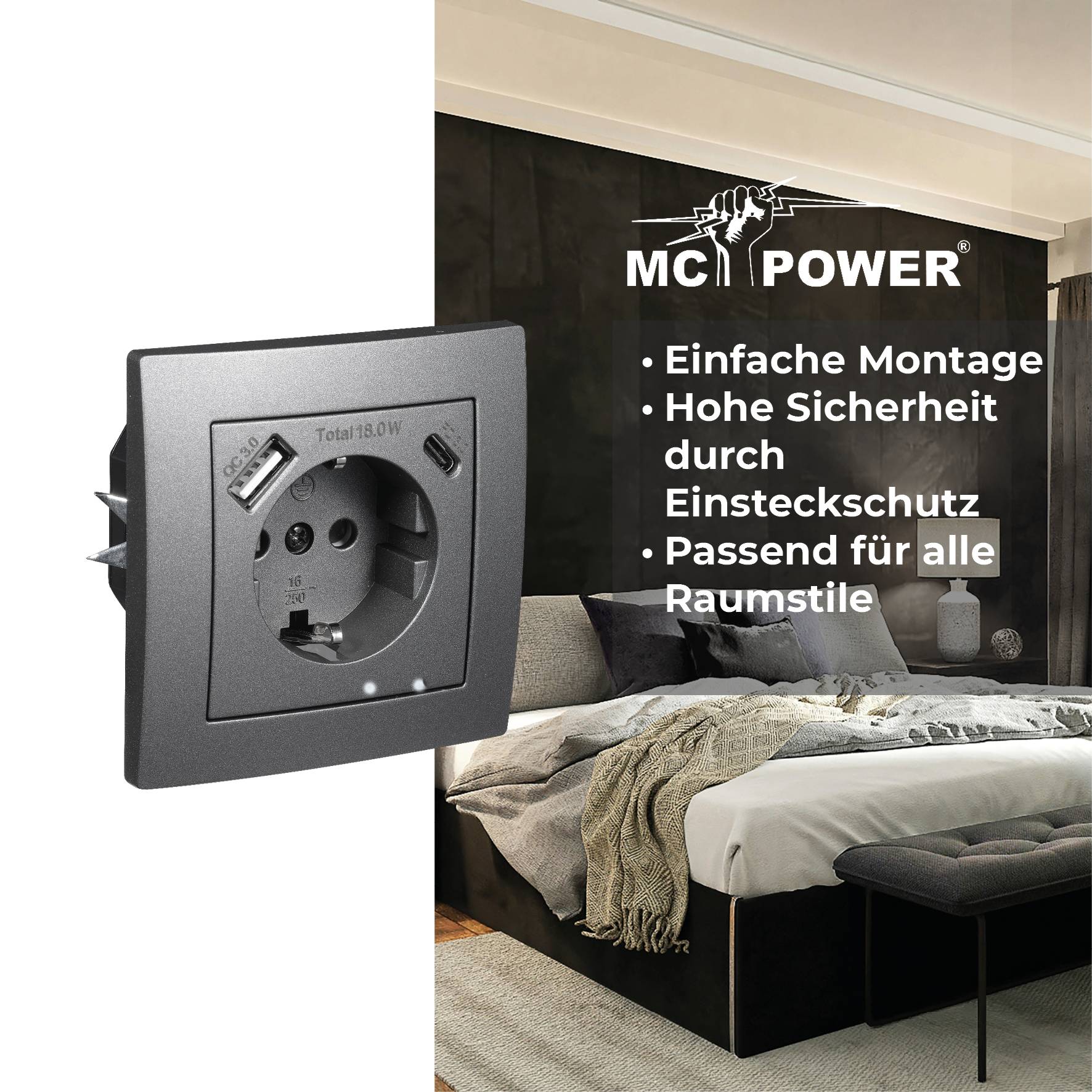 Schutzkontakt-Steckdose McPower "Flair" 1x USB-C 18W PD, 1x USB-A, anthrazit
