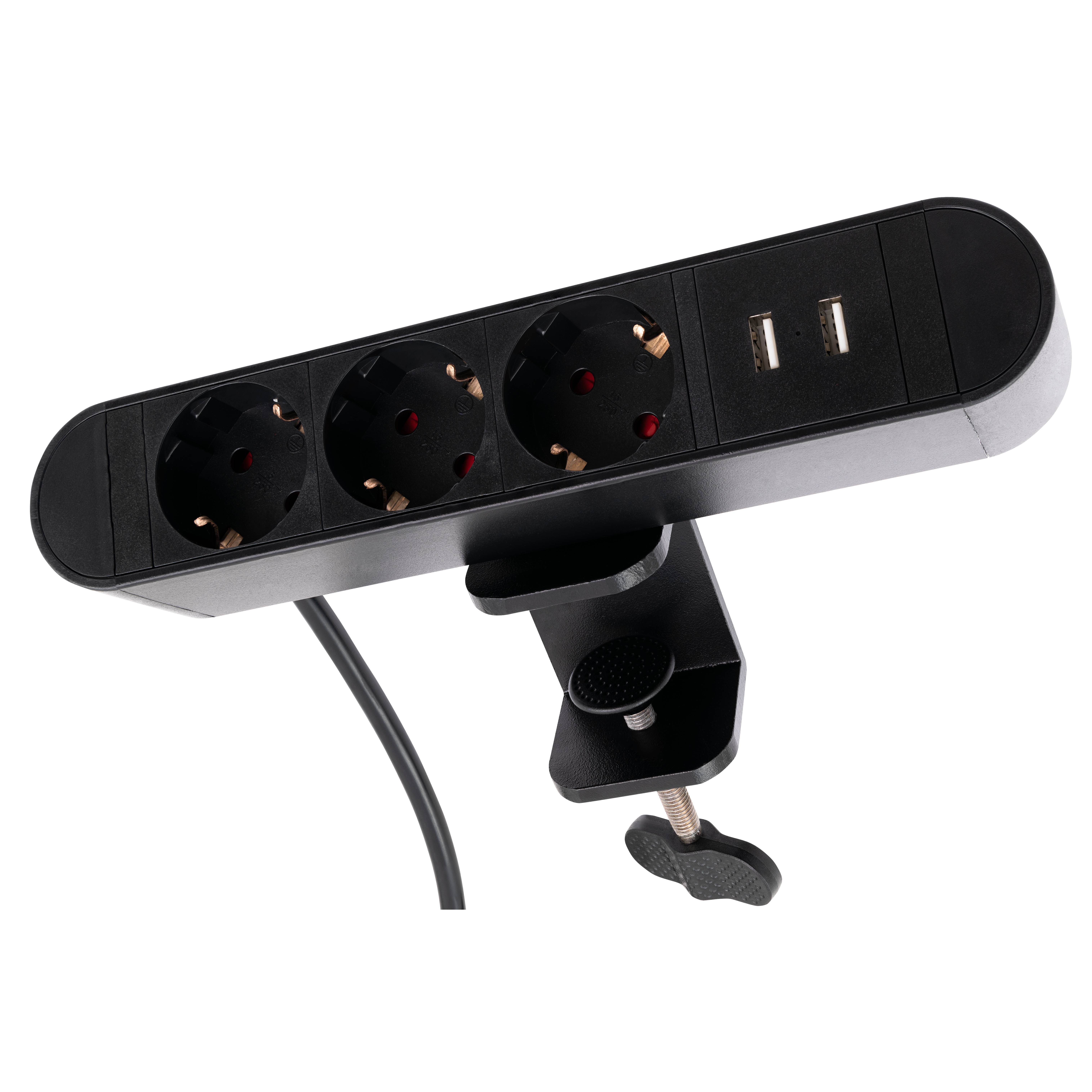 MCPOWER Tischsteckdosenleiste SK-03, 3-fach, 2x USB, Klemme, 2 m Kabel