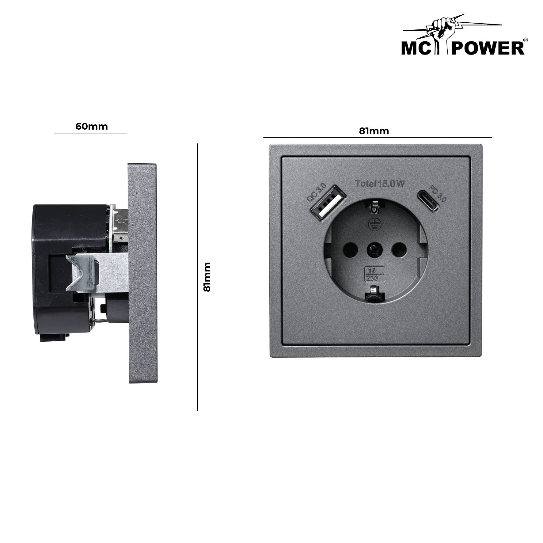 Schutzkontakt-Steckdose McPower "Shallow" 1x USB-C - 18W Quickcharge - 1x USB-A