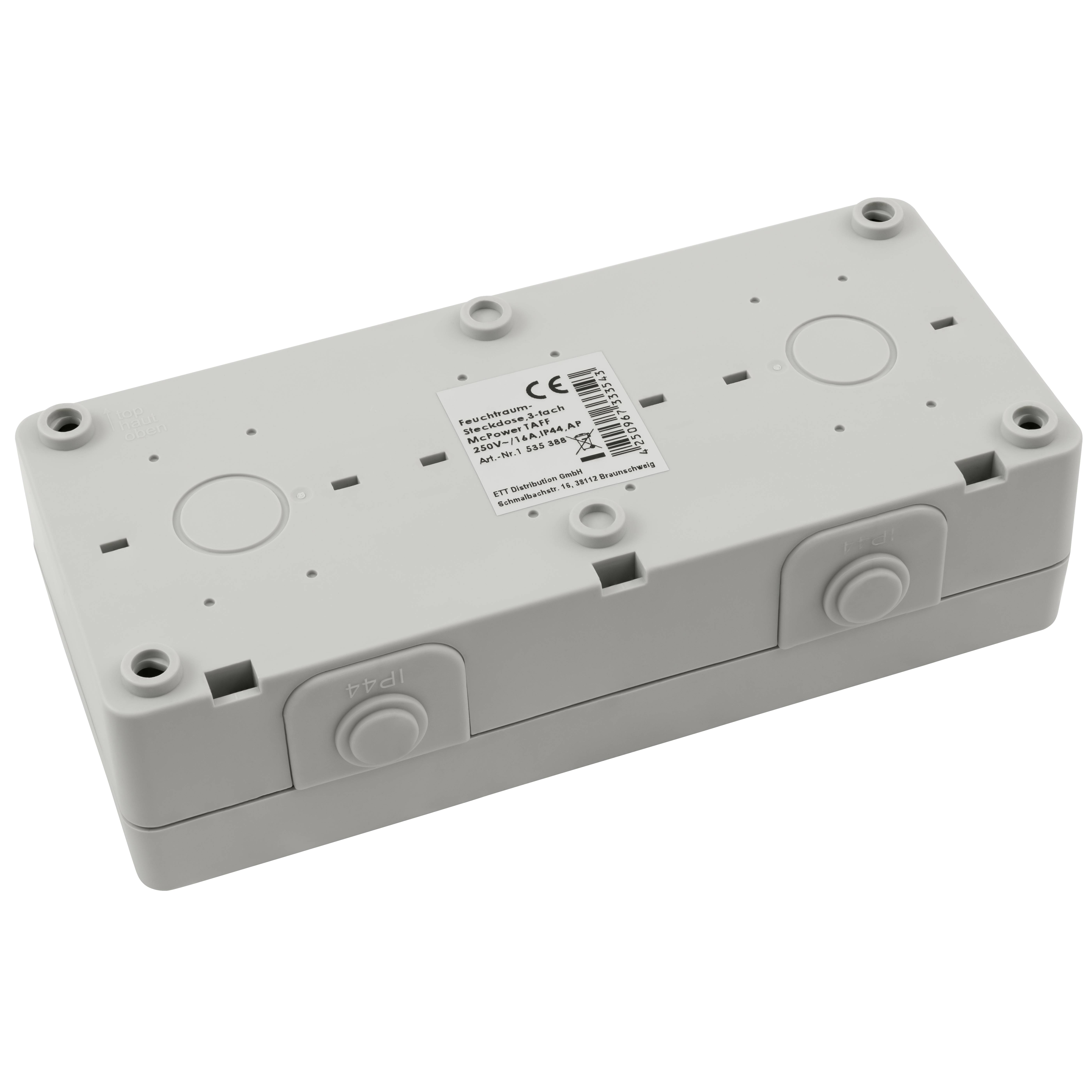 Feuchtraum Dreifach-Steckdose McPower "Taff", 250V~/16A, IP44, AP, grau