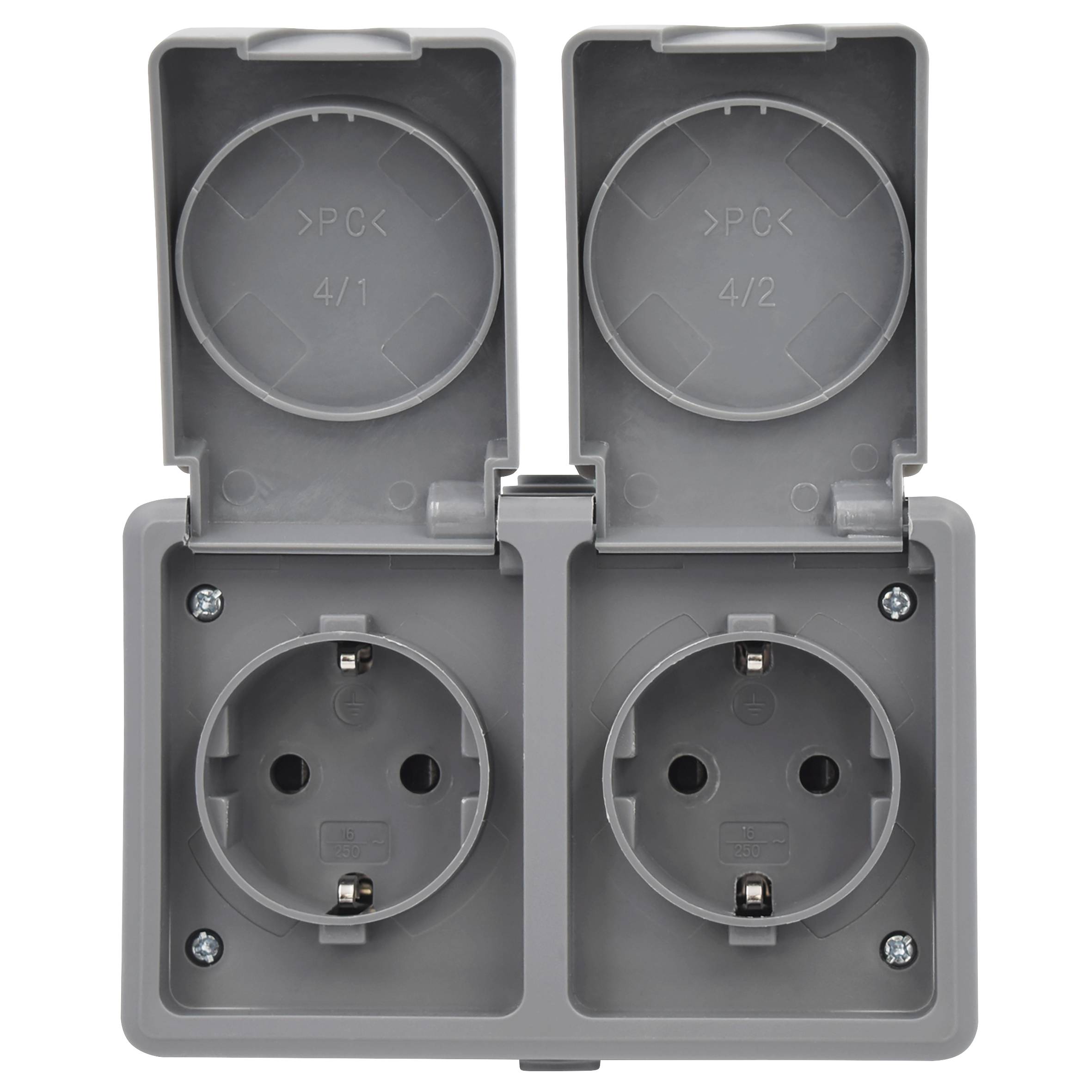 Feuchtraum Doppel-Steckdose McPower "Secure", 250V~/16A, IP44, AP, grau