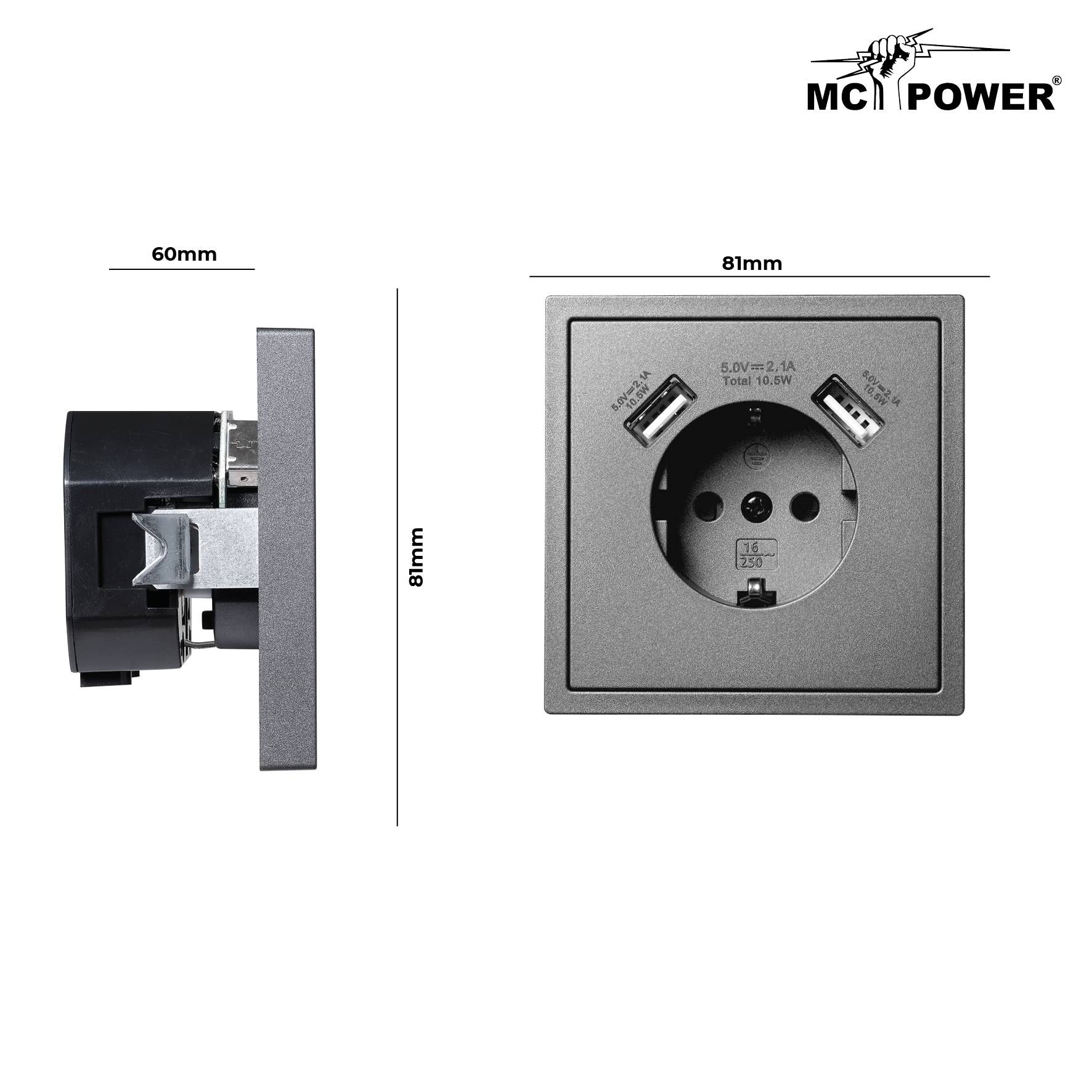 Schutzkontakt-Steckdose McPower "Shallow" 2x USB-A - 5V/2,1A