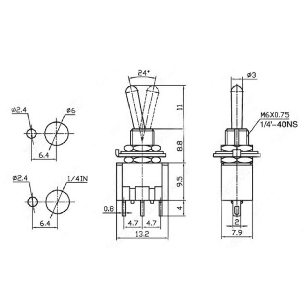 Miniatur-Kippschalter McPower, 125V/6A, 3-polig, 3 Stellungen: EIN/AUS/EIN