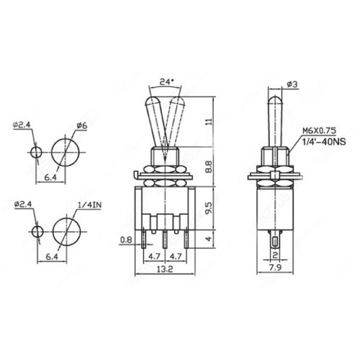 Miniatur-Kippschalter McPower, 250V/3A, 6-polig, 3 Stellungen: EIN / AUS / EIN