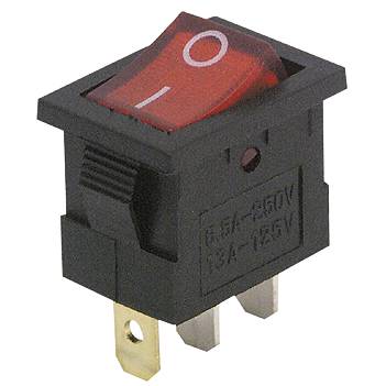 Mini-Wippenschalter McPower, 3-polig, rote Wippe, 250V/6,5A, Stellungen: EIN/AUS
