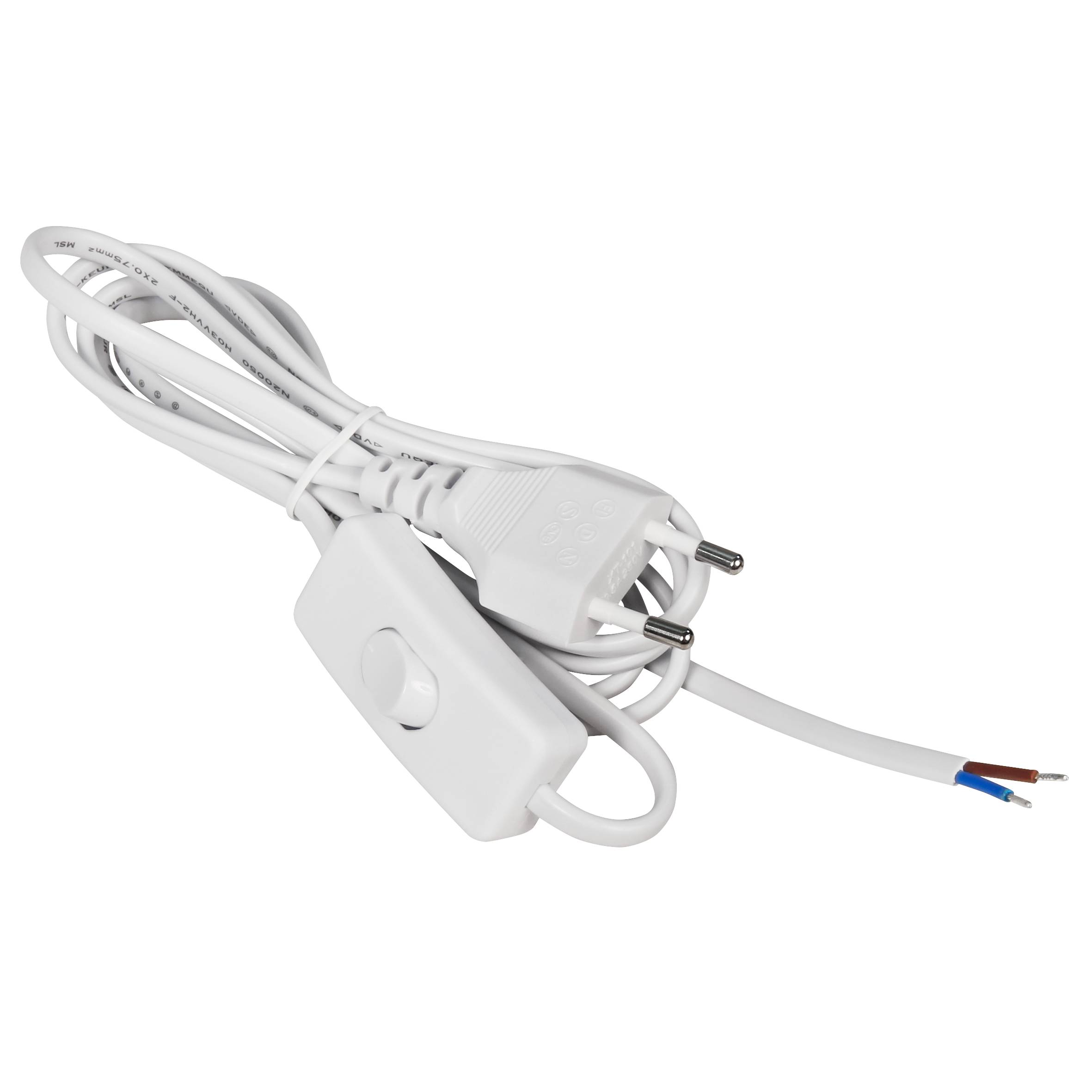 Euro-Netzkabel McPower mit Schnurschalter und blanken Enden, 2m, weiß