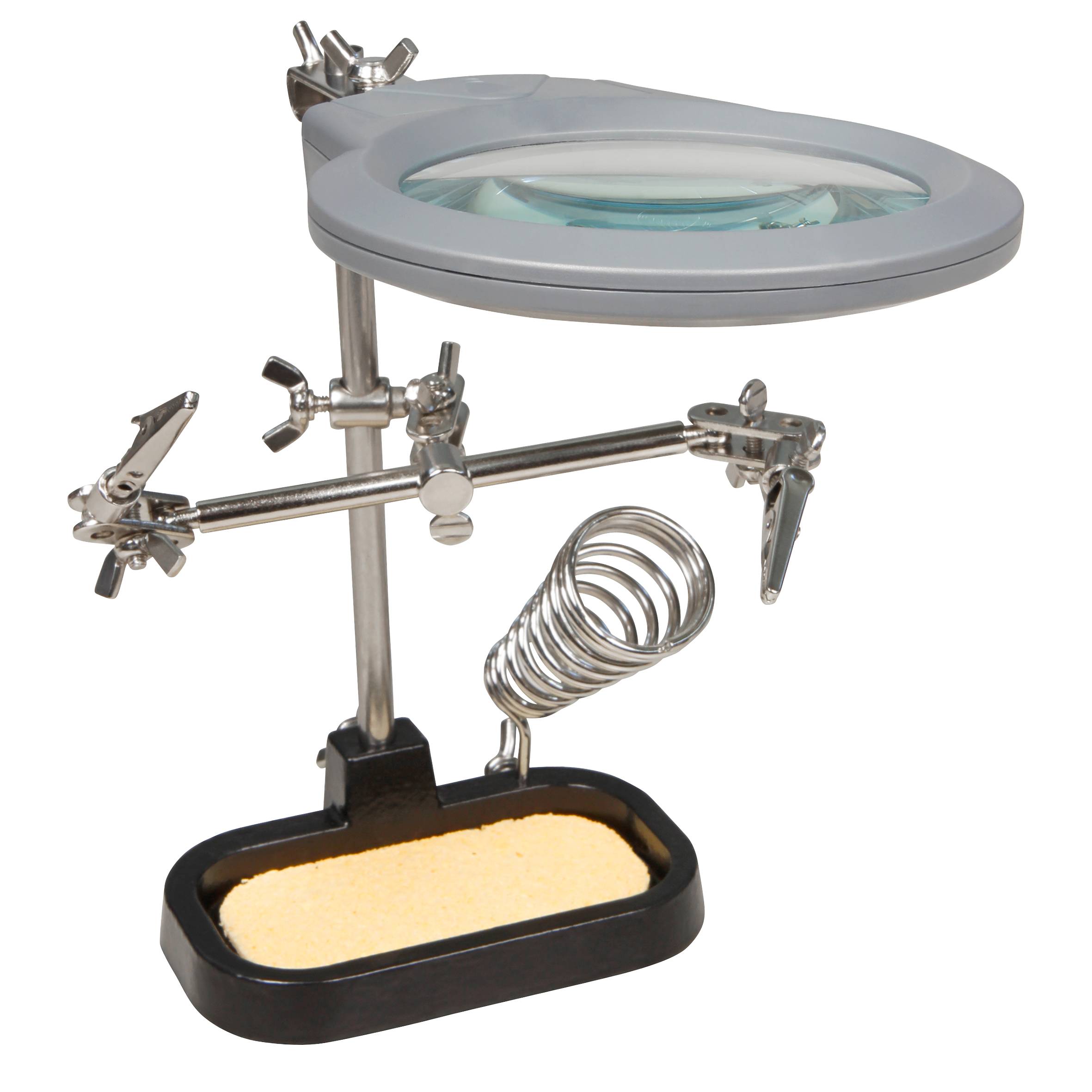 Dritte Hand mit LED-Lupe McPower, Lötkolben-Halter & Schwamm, 2-fache Vergrößerung