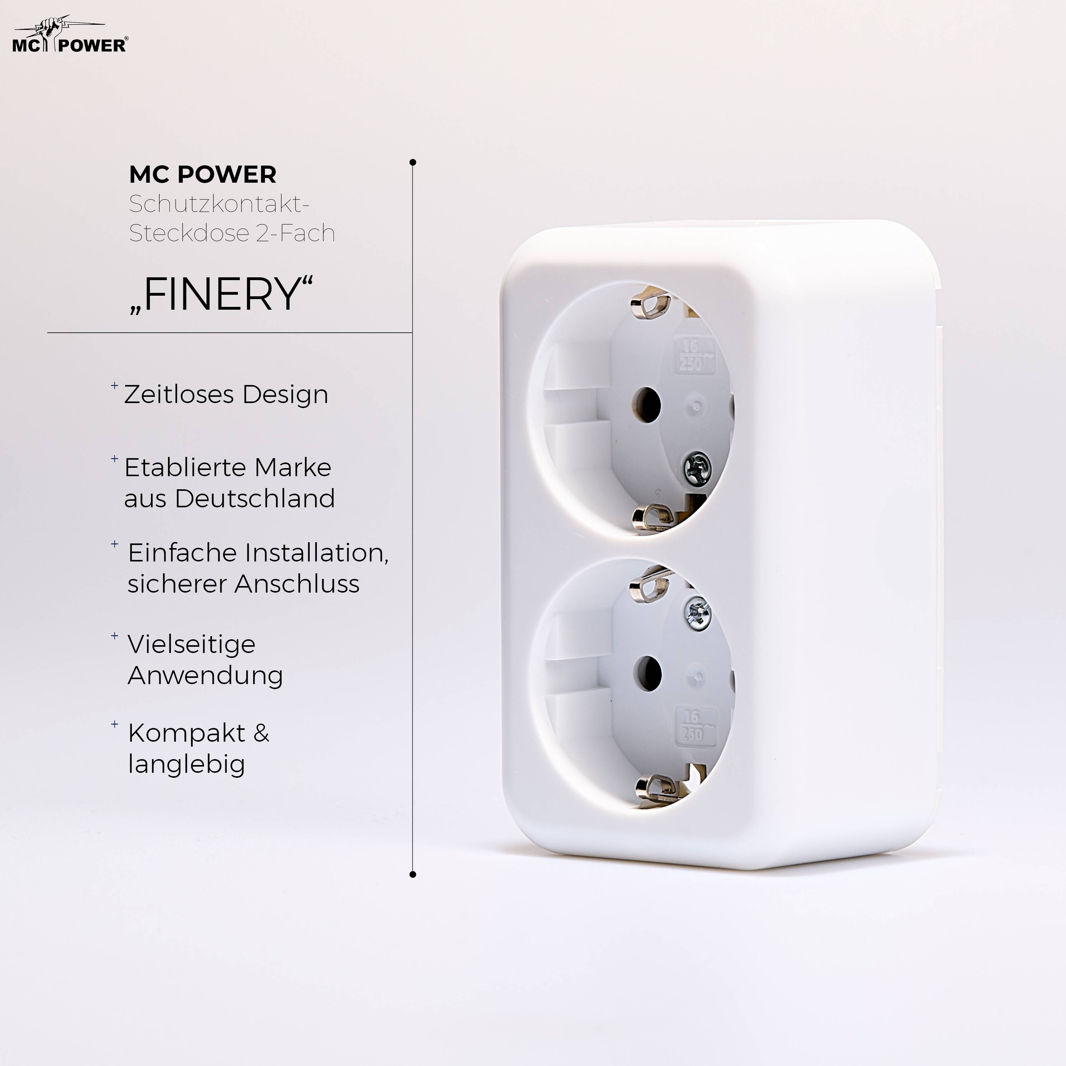 Schutzkontakt-Steckdose 2-fach McPower "Finery", 250V/16A,AP,Einsteckschutz,weiß