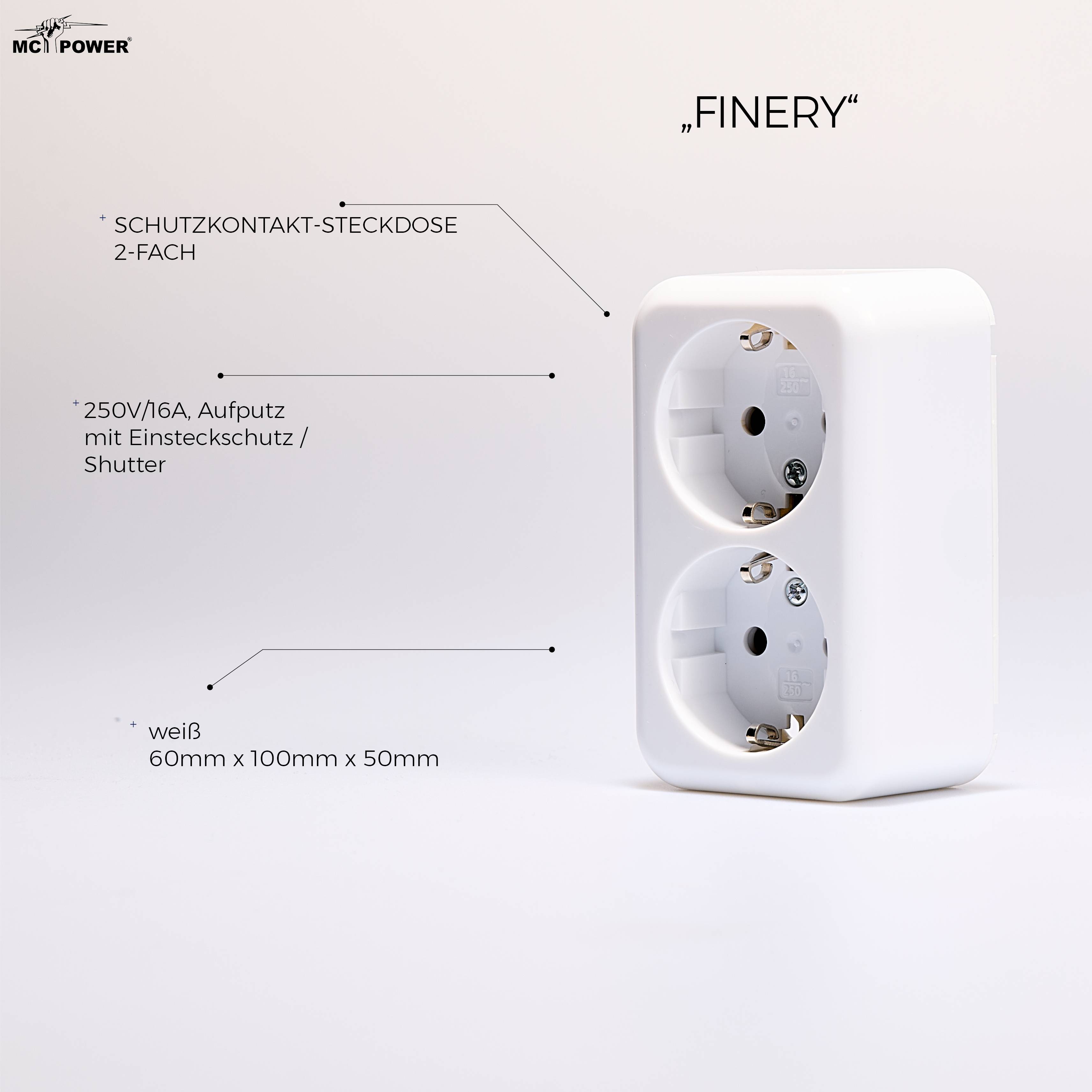 Schutzkontakt-Steckdose 2-fach McPower "Finery", 250V/16A,AP,Einsteckschutz,weiß