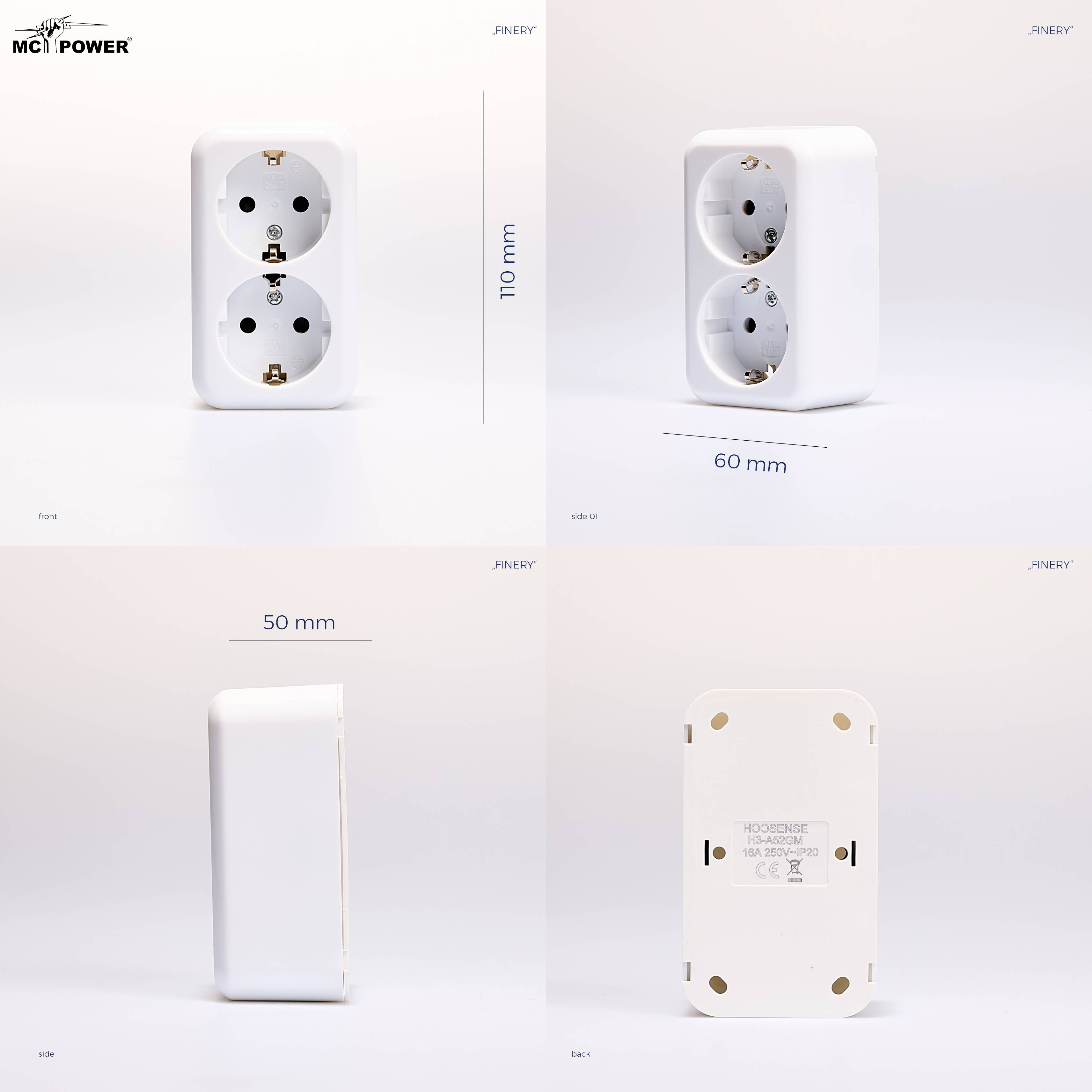 Schutzkontakt-Steckdose 2-fach McPower "Finery", 250V/16A,AP,Einsteckschutz,weiß