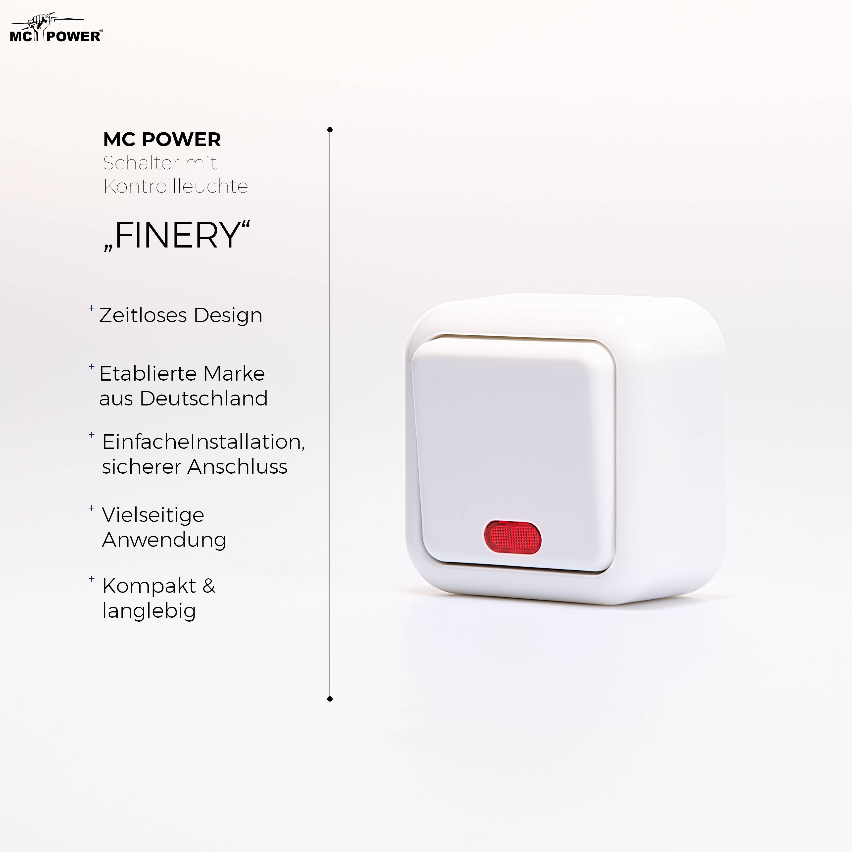 Schalter McPower "Finery", 250V/10A, AP, weiß, mit Kontrollleuchte
