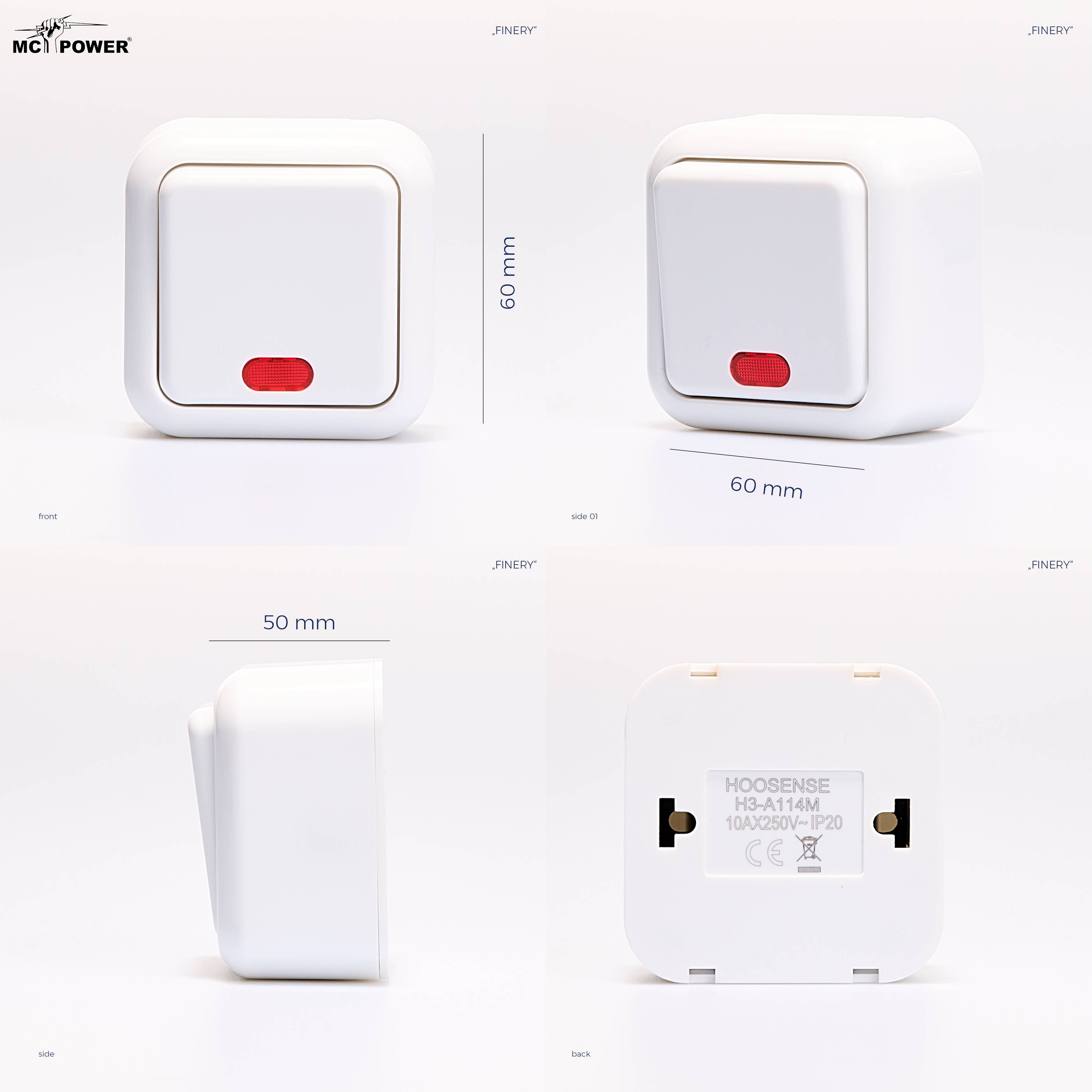 Schalter McPower "Finery", 250V/10A, AP, weiß, mit Kontrollleuchte