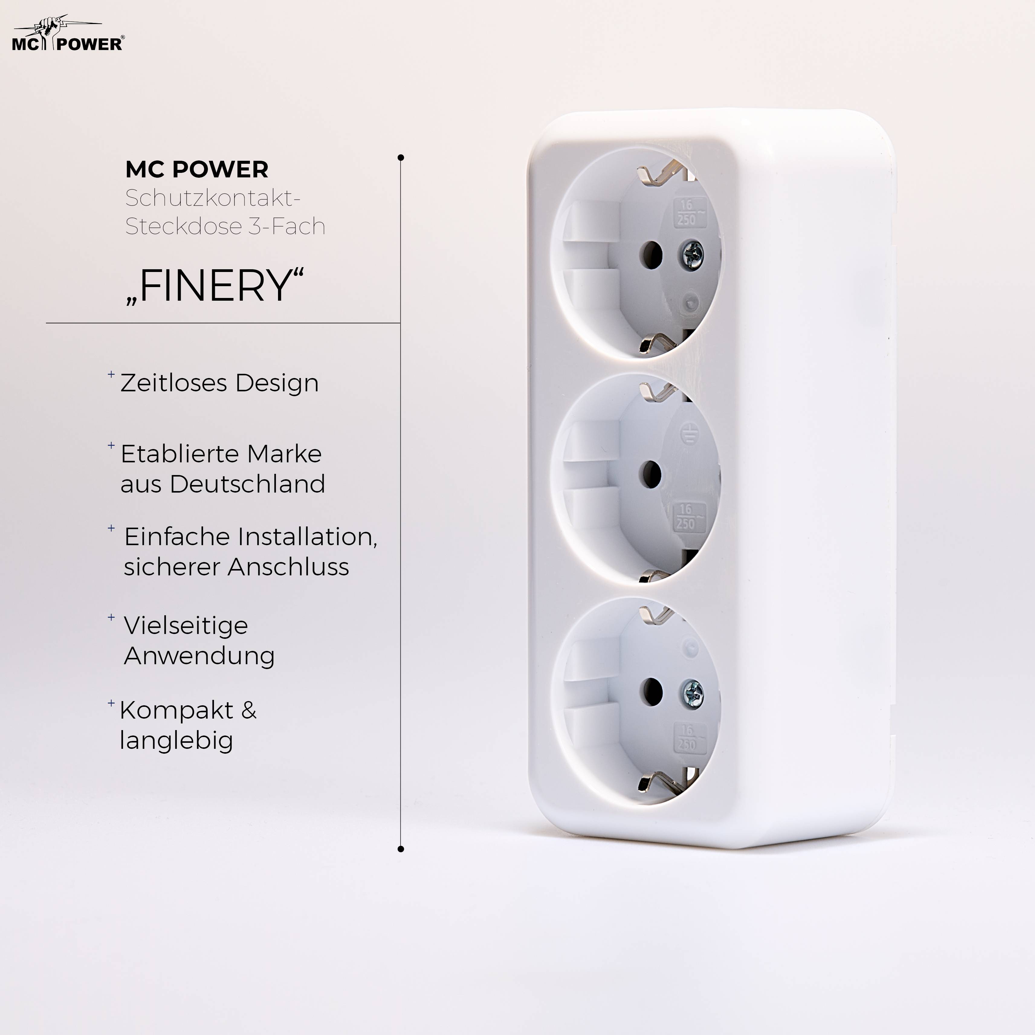 Schutzkontakt-Steckdose 3-fach McPower "Finery", 250V/16A, AP, Einsteckschutz, weiß